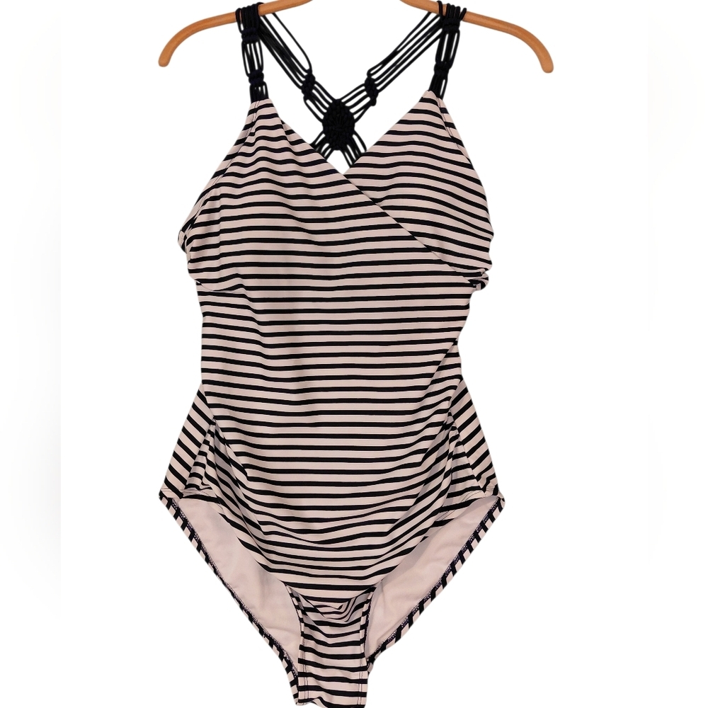 Kona Sol White and Black Striped One-Piece Swimsuit with Macramé Back